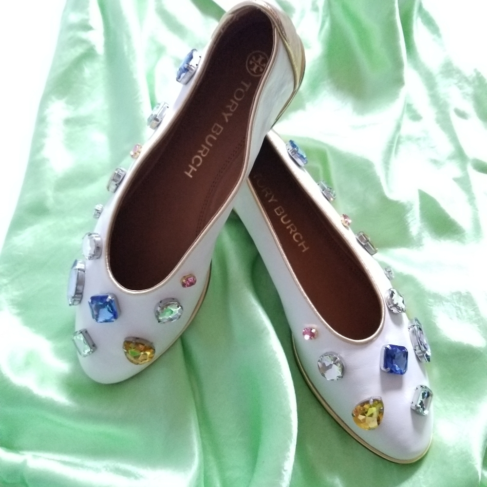 Tory Burch Crystal-Embellished Leather Flat Ballet Ivory Gold Size 9.5 - Picture 12 of 13